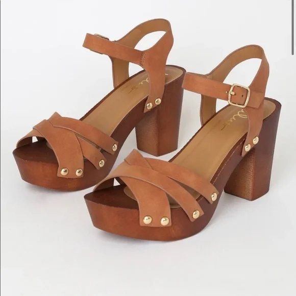 Camel Distressed Nubuck Wooden Platform Heels - Picture 1 of 3